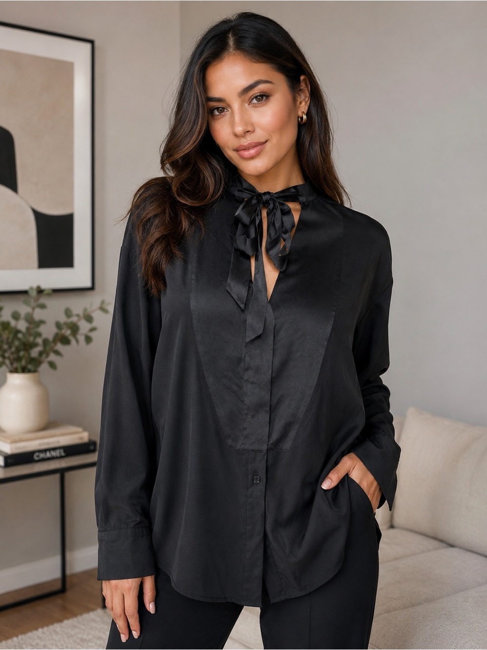 Rag & Bone Black Silk  Tie-Neck Blouse